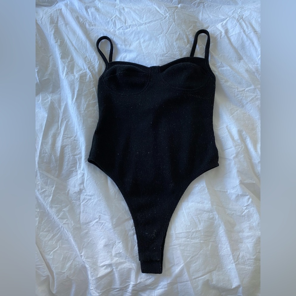 Black Ribbed Corset Bodysuit